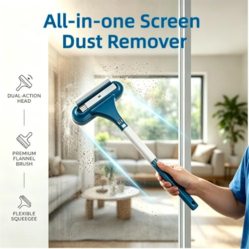 Window Screen Cleaning, 3 in 1 Mesh Window Screen Cleaning Brush with Squeegee, Wet Dry Dual-Use Multi-Purpose Cleaning Tool for Dusty Corners, Patio Door and Porch Screens (Blue)