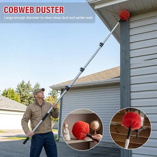 8 FT Cobweb Duster with Extension Pole, 12 FT High Reach Ceiling Fan Cleaner Duster for Home, 2.6-8 FT Extendable Pole with 3 Pcs Dusting Tools, Cubweb Duster, Feather Dusters, Ceiling Fan Duster - size: 8 FT