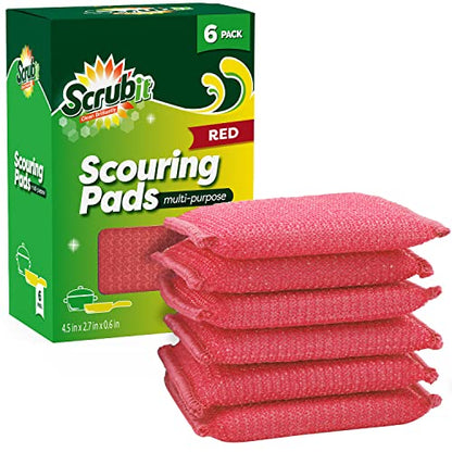 SCRUBIT Multi-Purpose Scouring Pad - Non-Scratch Cleaning Sponges for Pots, Pans, Dishes, Utensils & Non-Stick Cookware - Scrubbing Pads Use for Kitchen, Bathroom - 6 Pack Dish Sponge- (Red) - color: Red