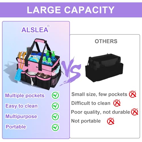 ALSLEA Cleaning Caddy Bag Heavy-Duty Organizer Tote for Housekeepers, Janitors & Home Cleaning Supplies with Adjustable Shoulder Strap & Multiple Pockets (Pink)