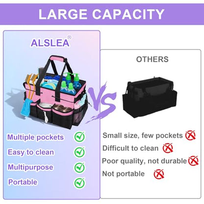 ALSLEA Cleaning Caddy Bag Heavy-Duty Organizer Tote for Housekeepers, Janitors & Home Cleaning Supplies with Adjustable Shoulder Strap & Multiple Pockets (Pink)