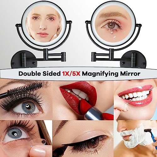 Rechargeable Bathroom Makeup Mirror with Light Wall Mounted, Brass 1/5X 2 Sided Magnifying Mirror with Extension Swing Arm, Touch Dimmable 360 Rotation Foldable Led Vanity Mirror, Matte Black - color: Matt Black