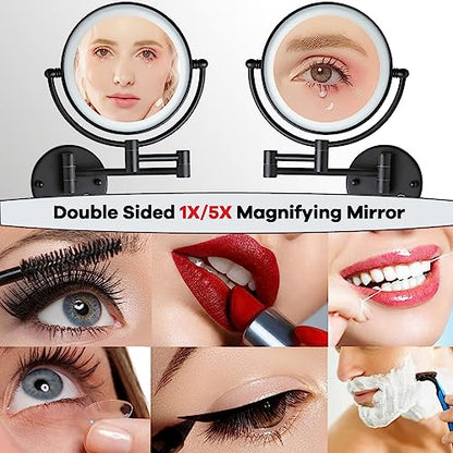 Rechargeable Bathroom Makeup Mirror with Light Wall Mounted, Brass 1/5X 2 Sided Magnifying Mirror with Extension Swing Arm, Touch Dimmable 360 Rotation Foldable Led Vanity Mirror, Matte Black - color: Matt Black