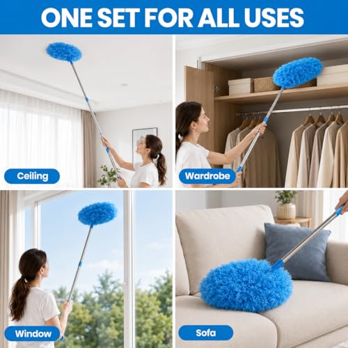 Ceiling Fan Cleaner Duster Kit 72 Inch Ceiling Fan Duster Extension Pole 8-in-1 Microfiber Duster Set for High Ceilings, Fan Blades, and Lights Reusable Cleaning Tools with Storage Bag