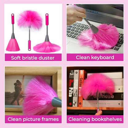 CALBEAU Ceiling Fan Cleaner Duster with 60 inch Extension Pole, Dusters for Cleaning High Ceiling Fan Blades, Dusters Kit with Storage Bag, Cleaning Tools for Families (13pcs) - color: Pink