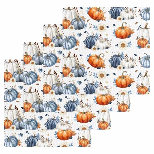 Fall Thanksgiving Pumpkin Dish Towels Set,Waffle Weave Kitchen Towels 4 Pieces,Watercolor Blue Orange Eucalyptus Microfiber Hair Face Bath Tea Towel Absorbent Quick Drying Cleaning Dish Cloths,12"x12" - color: Blue, size: 4PCS,12"x12"