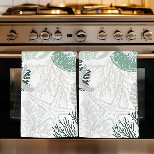 Sage Green Coastal Kitchen Towels Set of 3, Ultra Absorbent Dish Towels Quick Drying Microfiber Hand Towel Decorative Grey Green Coral Starfish Nautical Tea Towel Dishcloths for Kitchen 18"x28" - color: Sage Green, Gray, size: 3 Pack