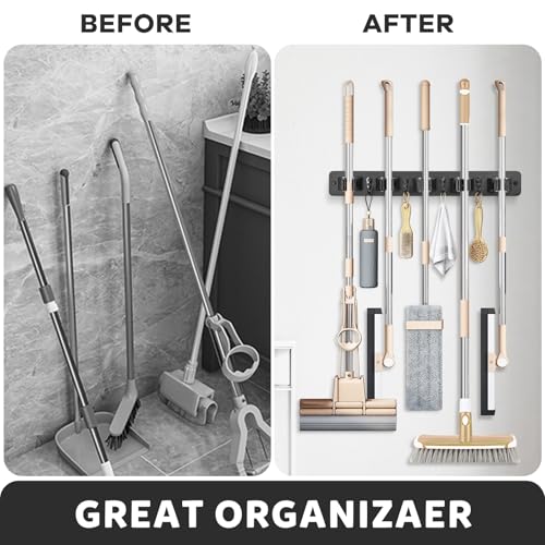 IMILLET Broom Holder Wall Mount, Wood Broom Holder with 5 Racks and 4 Hooks Broom Organizer, Laundry Room Organization and Storage, Mop Hanger for Home Organization, Garden, Garage, Closet (Black) - style: Wooden-5 Slots Black