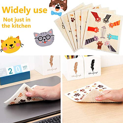 Geiserailie 6 Pieces Cat Sweedish Dishcloth Dish Towels Durable Swedish Cleaning Cloths Absorbent and Fast Dry Kitchen Towels Cats Cleaning Cloths for Kitchen Bathroom Office Wedding Housewarming