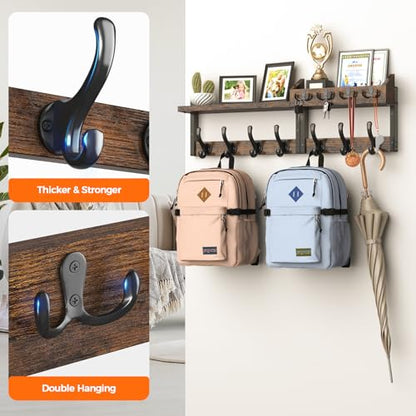 Evermagin 29" Coat Rack Wall Mount with Shelf, 4 in 1 Coat and Key Hanger with 11 Metal Hooks, Entryway Wall Mounted Shelf with Mail Holder for Living Room, Bedroom, Rustic Brown - color: Rustic Brown, size: 29 inch