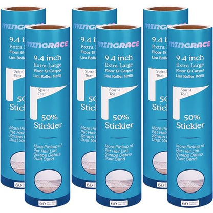 9.4 inch Extra Large Lint Roller Refills for PetLovers Extra-Wide 9.4 inch Giant Floor Lint Roller, 50% Stickier, Pack of 6 Refills, 60 Sheets per Refill, 360 Sheets Total - size: 9.4 inch