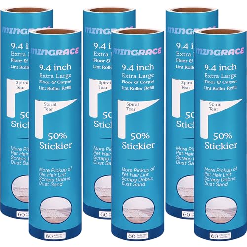 9.4 inch Extra Large Lint Roller Refills for PetLovers Extra-Wide 9.4 inch Giant Floor Lint Roller, 50% Stickier, Pack of 6 Refills, 60 Sheets per Refill, 360 Sheets Total - size: 9.4 inch