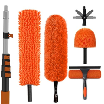 SISUPASSIE 30FT Reach High Ceiling Duster Kit, Window Cleaning kit with 5-24FT Extension Pole, Fan Duster for Ceiling Fan Blades, Microfiber Feather Duster, Rotatable Window Squeegee and Cobweb Duster - size: 24FT