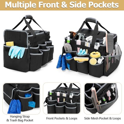 HODRANT Large Cleaning Caddy with Detachable Trolley & Shoulder Strap, Cleaning Supplies Bag with Handles & Support Plates, Cleaning Product Rolling Organizer for Car Wash and Housekeeping
