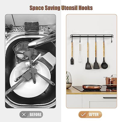 Kitchen Utensil Hanger, Adhesive Utensil Holder Wall Mount Kitchen Rack Rail with 12 Hooks, Space Saving and No Drilling, Black, 2 Pcs - color: Black