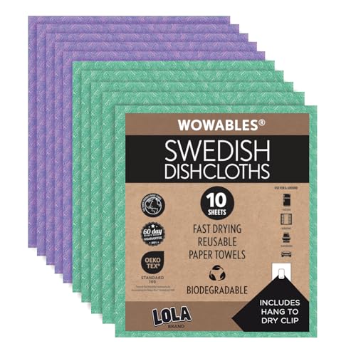 LOLA Swedish Dishcloths for Kitchen 10 Sheets, Biodegradable & Compostable Reusable Paper Towel Cleaning Cloths No Odor Washing Dishes Ultra Absorbent Cellulose Sponge Towel Made in Germany - color: 5 Mint Green / 5 Wild Violet, size: 10 Sheets