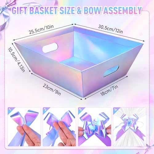 AFOROEOA 6PACK Laser Baskets for Gifts Empty, 12x10x4” Holographic Iridescent Gift Basket Kit with 6 Bows & 6 Bags - Kraft Empty Gift Baskets for Christmas, Weddings, Birthdays, Holiday Gifting Hampers - color: 6 Laser