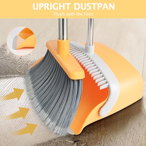 Broom and Dustpan Set, Dustpans with Broom Combo for Home, Heavy Dust Dustpan and Broom Combo, Long Handle Dust Pan and Broom Set for Kitchen, Office, Pet Hair(Gray Yellow) - color: Gray Yellow 1-pack