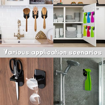 Taiyin 4 Pcs Wall Mount Spray Bottle Hooks Holder Spray Bottle Hanger Adhesive Hook to Create Storage Space Rack Organizer Hanger for Cabinet Kitchen Variety Surfaces (Black) - color: Black