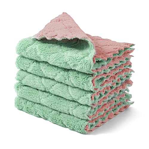 kimteny Cleaning Cloths Kitchen Towels Microfiber Washcloths Lint Free Dish Cloth Reusable Dishtowels Household Super Absorbent Fast Drying, 10"x10", Pack of 5 (Pink-Green) - color: Pink-green