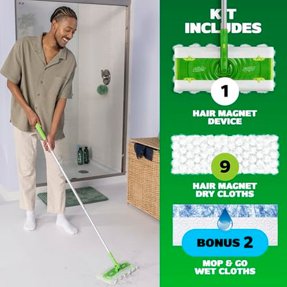 Swiffer Hair Magnet Deluxe Starter Kit with Collapsible Pole, 9 Hair Magnet Dry Cloths, 2 Bonus Mop & Go Wet Cloths - style: Hair Magnet Deluxe