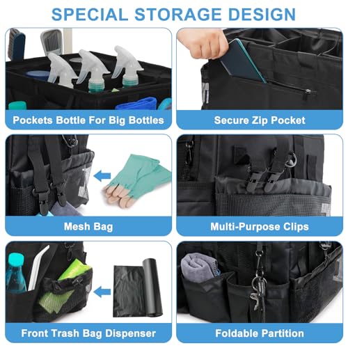 Large Cleaning Caddy Bag with Built-in Support Board, Wearable Cleaning Supplies Organizer with Adjustable Shoulder Strap & Waist Belt, Waterproof Heavy Duty Tote for Housekeepers Car Detailing - color: Black