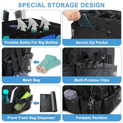 Large Cleaning Caddy Bag with Built-in Support Board, Wearable Cleaning Supplies Organizer with Adjustable Shoulder Strap & Waist Belt, Waterproof Heavy Duty Tote for Housekeepers Car Detailing - color: Black