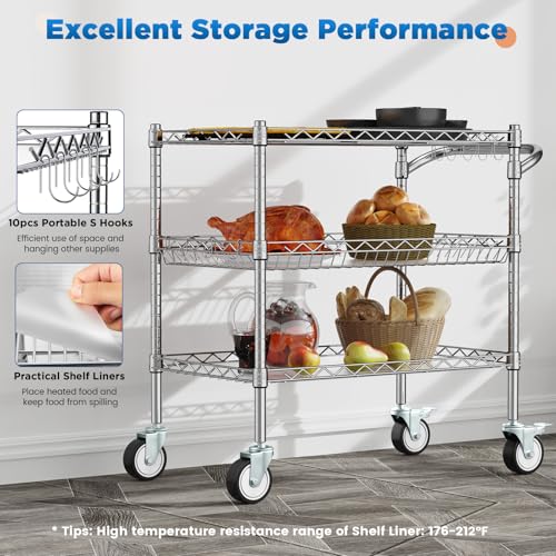 Leteuke 3 Tier Rolling Carts with Wheels, Heavy Duty Rolling Utility Cart,NSF Commercial Grade Metal Cart with Handle&Shelf Liner,Trolley Serving Cart for Kitchen,Restaurant,Plant Display,Chrome - color: Matte Chrome