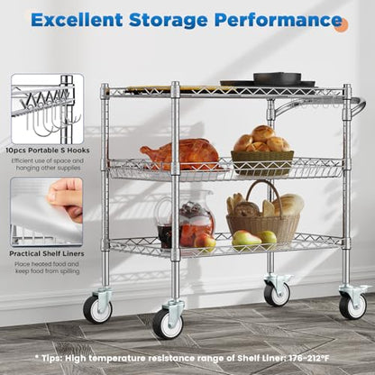 Leteuke 3 Tier Rolling Carts with Wheels, Heavy Duty Rolling Utility Cart,NSF Commercial Grade Metal Cart with Handle&Shelf Liner,Trolley Serving Cart for Kitchen,Restaurant,Plant Display,Chrome - color: Matte Chrome