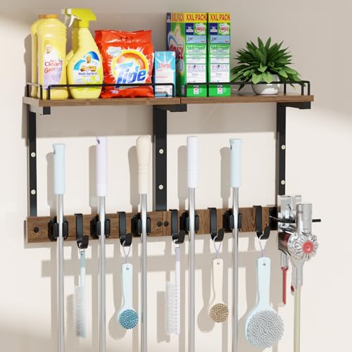 Mop Holder Wall Mount with Cleaning Supplies Organizer, Wood Mop and Broom Hanger Rack Organizer with Anti-Fall Wall Shelf with 5 Clips & Hooks for Garage Laundry Room Kitchen (Brown) - color: Brown