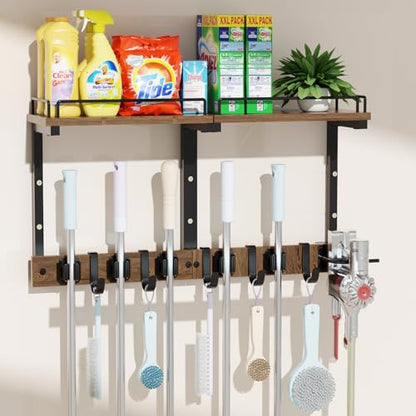 Mop Holder Wall Mount with Cleaning Supplies Organizer, Wood Mop and Broom Hanger Rack Organizer with Anti-Fall Wall Shelf with 5 Clips & Hooks for Garage Laundry Room Kitchen (Brown) - color: Brown
