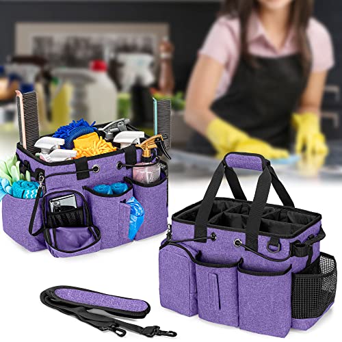 LoDrid Large Professional Cleaning Caddy with Detachable Divider, Supply Organizer with Handle and Shoulder Strap, Cleaning Bags for Housekeepers & Cleaners, Purple - color: Purple