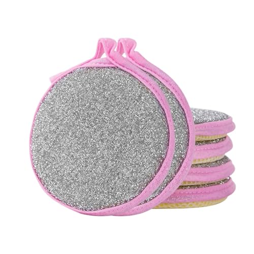 6PCS Double-Sided Dish Sponge Wire Dishwashing Rag Multipurpose Dishwashing Cloths for Wet and Dry Non Scratch Round Kitchen Cleaning Rags Clean Pads for Sinks Pots Pans Stove Tops (Pink) - color: Pink