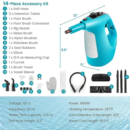 Goplus Handheld Steam Cleaner, 1400W Pressurized Steam Cleaner w/Continuous Steam w/Unlimited Use Time, 13.5 OZ Water Tank, Child Lock & 14-Piece Accessory Kit, Portable Chemical-Free Steamer Mop - color: Blue