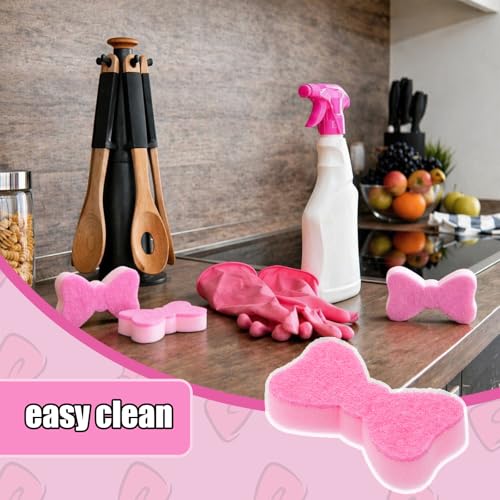 Tioncy 12 Pack Pink Bow Sponges Bulk Preppy Dual Sided Scrubber Cute Pink Bow Sponges Reuseble Non Scratch Dishwashing Kitchen Cleaning Accessories for Cookware Pot Boiler Pan Household - style: Cute Bow