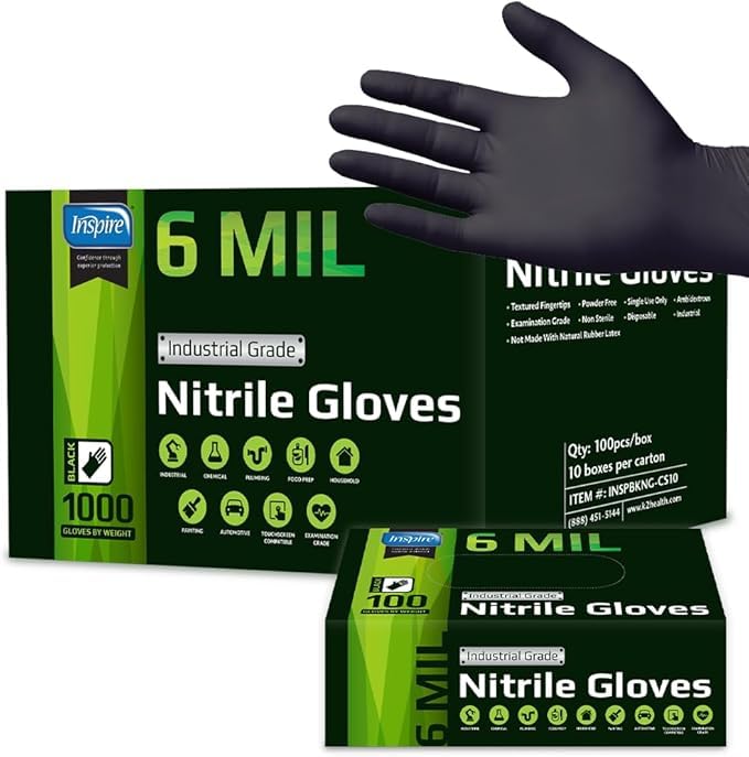 Inspire Black Nitrile Gloves HEAVY DUTY 6 Mil Nitrile Chemical Resistant Medical Cooking Cleaning Disposable Black Gloves - size: XL, style: Black 6mil Case of 1000