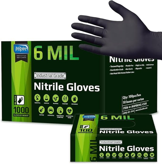 Inspire Black Nitrile Gloves HEAVY DUTY 6 Mil Nitrile Chemical Resistant Medical Cooking Cleaning Disposable Black Gloves - size: Large, style: Black 6mil Case of 1000