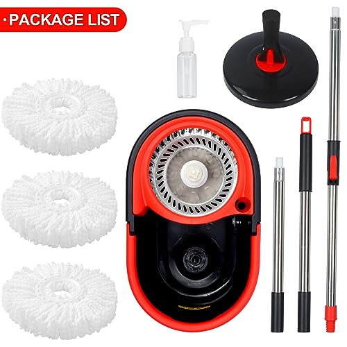 Spin Mop and Bucket with Wringer Set on Wheels, 360° Spinning Mop Bucket System with 3 Microfiber Mop Replacement Heads and 61" Stainless Steel Adjustable Handle for Floor Cleaning - color: Black-3
