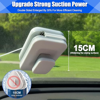 Magnetic Window Cleaner, Windshield Magnetic Car Window Cleaner Tool with Anti-Falling Rope, Track Cleaner and Dustpan Cleaning Brush, for Glass Thickness 3-10mm