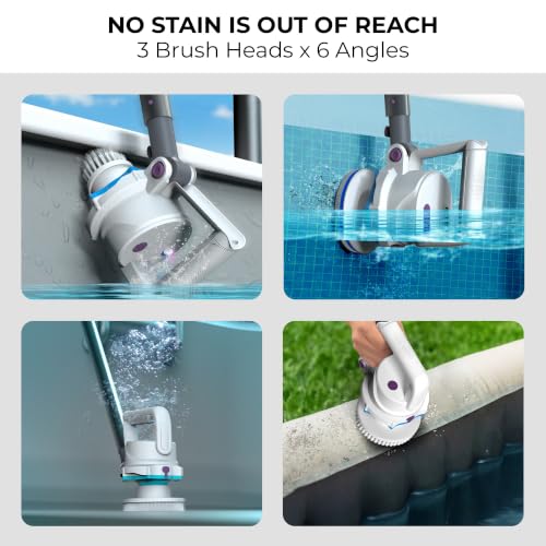 KOKIDO Rechargeable Pool Scrubber, Compact Electric Pool Cleaning Brush for Walls, Waterline & Steps, 3‑in‑1 Pool Brush, 40‑Min Runtime, Pivot Handle - Ideal for Quick Pool Maintenance & Spot Cleaning