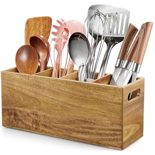 ALELION Acacia Wood Utensil Holder with Removable Divider - 4 Compartment Wooden Utensil Caddy Organizer for Kitchen Counter - Cooking Utensil Crock for Countertop - color: Acacia, size: 4 Compatment