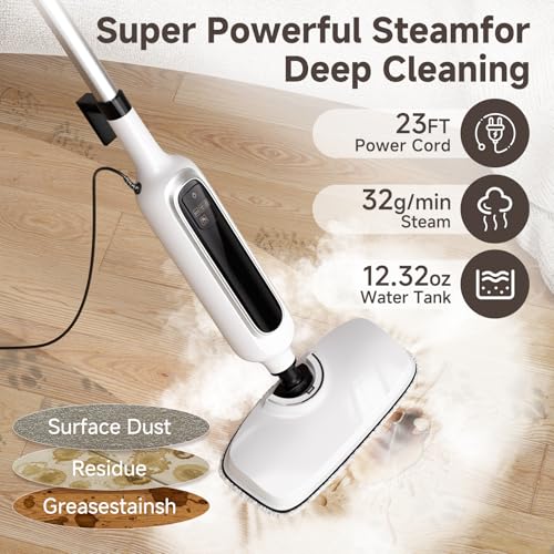 12-in-1 Steam Mop, Detachable Handheld Steam Cleaner for Home, 23FT Cord, 3 Steam Modes & LED Display, Steam Mops for Floor Cleaning, Bathroom, Windows, Sofas, Clothes, Tile Grout, Carpets, Furniture