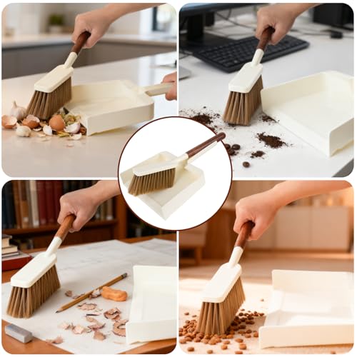 Hand Broom and Dustpan Set,Portable Small Dustpan and Brush Set with Sapele Wood Handle,Teeth Design,Compact Hangable Broom with Dustpan for Cleaning Desktops Kitchen Sofa Pet Hair,Beige