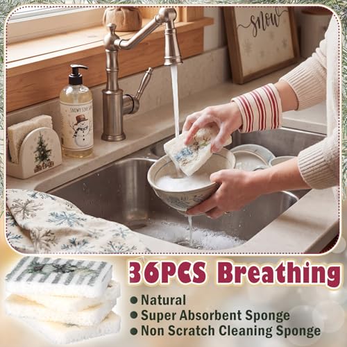 Hahafelt 36 Counts Compressed Cellulose Sponges Bulk Pop up Farmhouse Christmas Pattern Natural Kitchen Compostable Non Scratch Dish Sponges for Washing Dishes, Cleaning Countertop Sink - style: Farmhouse Christmas