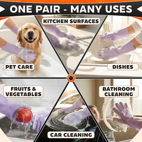 ALPENKOK Silicone Dishwashing Gloves with Scrubber – Non-Slip Silicone Gloves for Washing Dishes | Household Use - color: Purple Dishwash