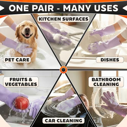 ALPENKOK Silicone Dishwashing Gloves with Scrubber – Non-Slip Silicone Gloves for Washing Dishes | Household Use - color: Purple Dishwash