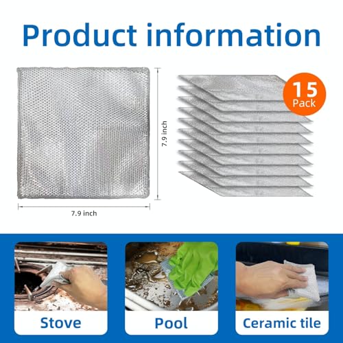 EytGva15 PCS Non Scratch Steel Scrubbers Wire Dishwashing Rags Metal Dish Cloth,Alternative to Steel Wool Scrubbers, Multifunctional Kitchen Cleaning Cloths for Pots,Pans,Dishs,Flatwarel - size: 7.8"L x 7.8"W