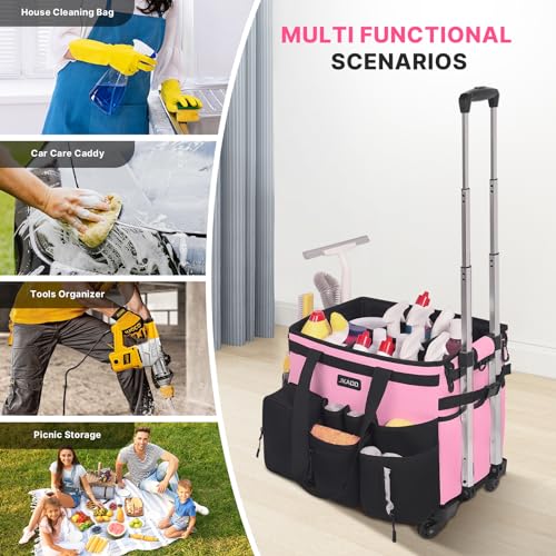 JKAOO Large Rolling Cleaning Caddy Bag with Detachable Trolley, Pink | Waterproof Cleaning Caddy with Wheels, 40L Wheeled Organizer Cart for Supplies, Housekeepers, Home, Office, Car, Picnic - color: Pink