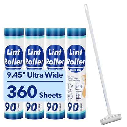 Large Lint Rollers for Carpet, 9.45'' Sticky Rollers for Floor with 360 Sheets, Extendable Long Handle Sticky Mop for Cleaning Couch, Curtains, Cars, Clothing, and Pet Hair - size: 360 Sheets Long Handle