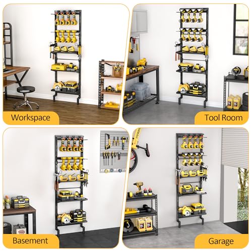 BUKFEN Garage Tool Storage Rack, Wall Mount 5-Tier Heavy Duty Metal Organizer with 8 Drill Holder Slots, Adjustable Shelves, Side Hooks Workshop Utility 1 Pack Black Vertical Space-Saving